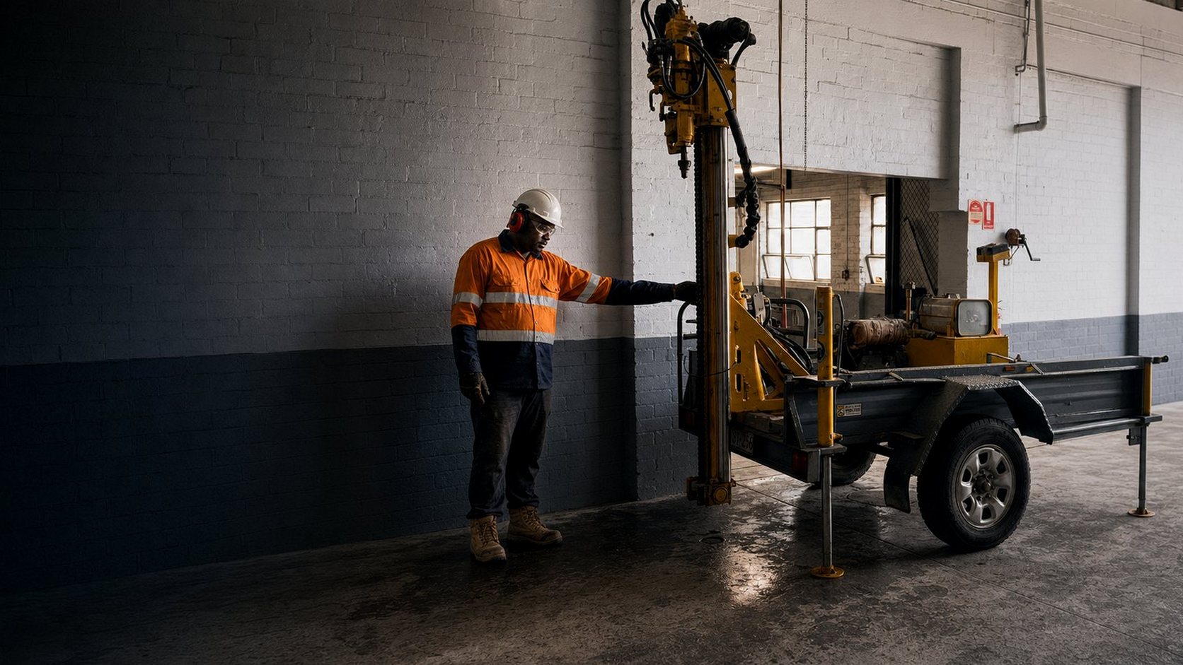 Compact geotechnical drilling rig accessing a tight indoor wall opening